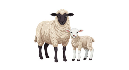 Mother Sheep and Lamb Farm Animal Illustration on White Background