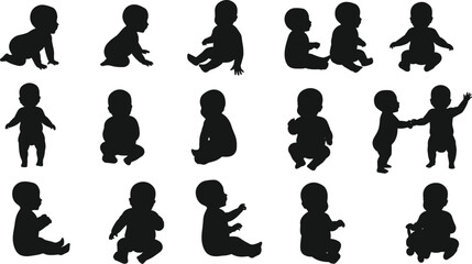 Baby silhouette vector, crawling infant pose, toddler movement icon, child development stages, playful baby clipart, black shape