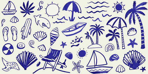 Collection of hand drawn blue summer beach vacation icons and symbols on a light background © MSTShikha