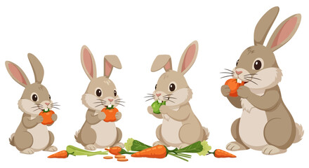 Family of Cute Cartoon Bunnies Eating Carrots Vector Illustration
