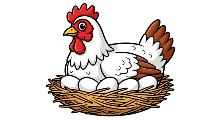 Cartoon Hen Nesting on Eggs in a Cozy Nest Vector Illustration