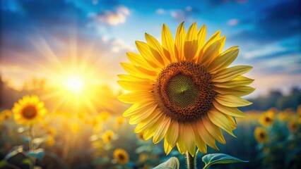 Golden Sunflower at Sunset, Radiant Blooms in a Field of Yellow, Basking in the Warmth of the Evening Sun
