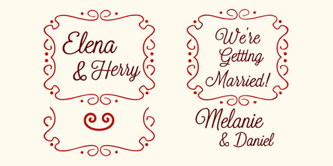 Elegant red decorative frames with wedding announcements featuring couple names and marriage celebration message