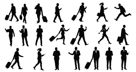 Business, travel, silhouette, corporate, people, luggage, airport, mobile, professional, walking, teamwork, commuting, global, connection, communication, mobility, diversity, productivity