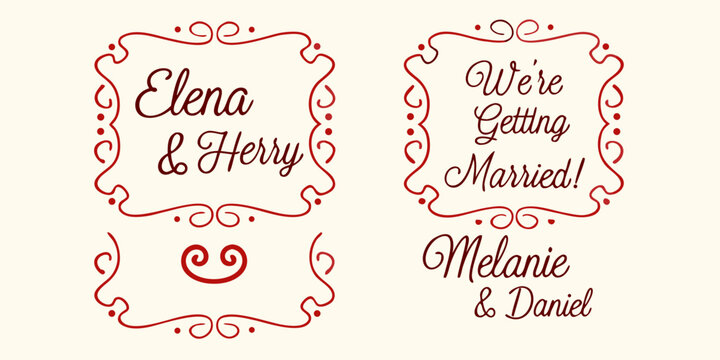 Elegant red decorative frames with wedding announcements featuring couple names and marriage celebration message - Powered by Adobe