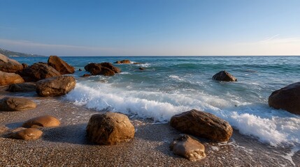 Serene rocky shoreline with waves gently crashing under a clear blue sky during golden hour