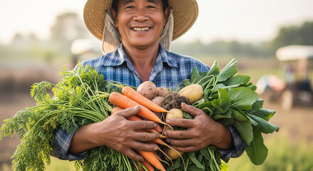 A happy Asian farmer in a straw hat proudly holds a bountiful harvest of fresh, organic carrots and potatoes from his farm.