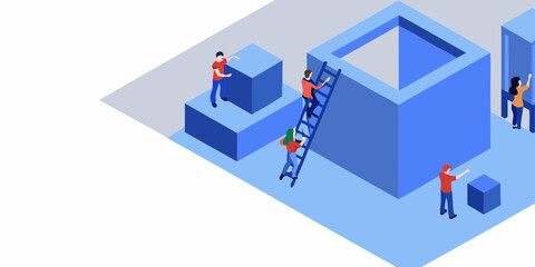 Diverse team of people working together to build and assemble geometric shapes in an isometric perspective © MSTShikha