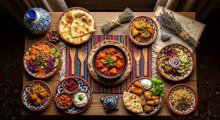 Fototapeta premium A top-down flat lay of a rustic table filled with a colorful feast of Middle Eastern or Mediterranean dishes, including stew and flatbread.