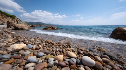 A sunlit pebbled shore meets the blue sea with gentle waves and a rocky coastline under a cloudy sky