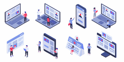 Isometric illustration of people interacting with digital devices and interfaces for web development and online services