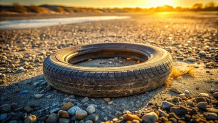 A discarded tire rests on a sunlit gravel riverbank, bathed in the warm glow of the setting sun, a stark contrast against the natural landscape