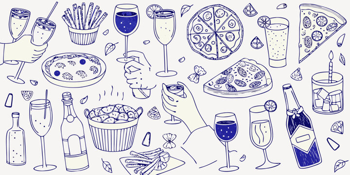 Hand drawn doodle illustration of a celebratory gathering with pizza drinks and snacks