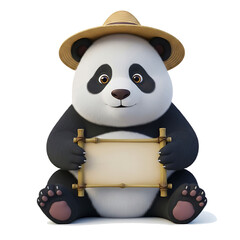 Naklejka premium Cute Round Baby Panda holding blank rough hewn bamboo scroll papan bambu announcement, isolated transparent background