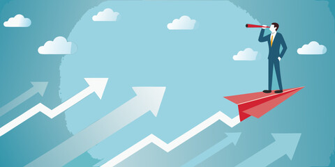 Businessman riding a red paper airplane looking through a telescope towards the future with upward trending arrows