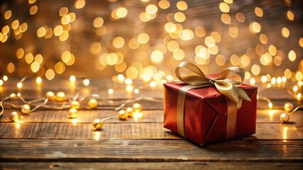 A Festive Gift Box Adorned with a Golden Ribbon, Resting on a Rustic Wooden Surface Illuminated by Warm, Sparkling Lights