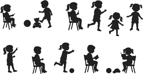 Children silhouette, kids activity, reading, walking, running, sitting, pointing, playing, toys, education, motion, posture, interaction, childhood behavior, black figures, isolated children