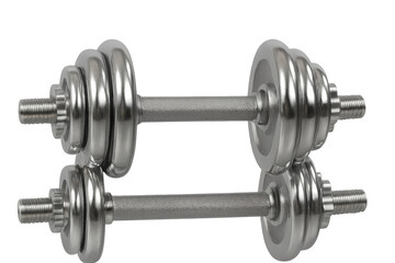 Pair of chrome adjustable dumbbells for weight training isolated on transparent background, reflecting fitness and gym workout