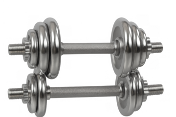 Pair of chrome adjustable dumbbells for weight training isolated on transparent background, reflecting fitness and gym workout