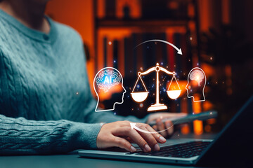 AI ethics and responsible artificial intelligence governance concept. Person using laptop with icon of AI brain, human brain, justice scale symbolizing fairness, accountability, ethical technology use