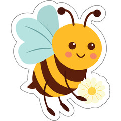 Obraz premium Cute cartoon bee with yellow and brown stripes and light blue wings holding a small white flower and smiling with blush on cheeks set against a clean white background illustration
