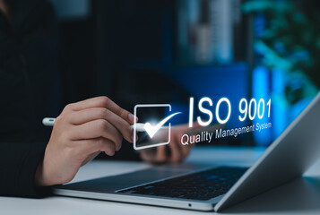 ISO 9001 Quality Management System Concept. Businessperson managing to ISO 9001 quality management system, representing certification standards, business excellence, ISO certified, standardization,