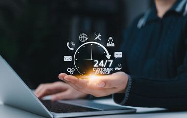 24/7 customer service support concept. Person using laptop with icons representing always-on assistance, communication tools, contact us, call center and client support systems in digital business.