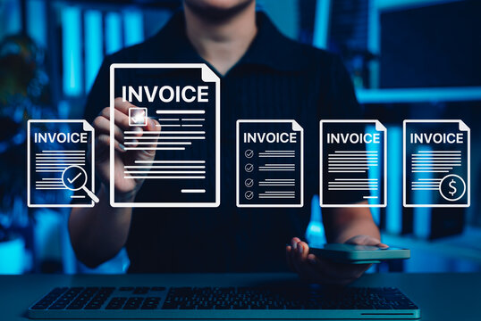 Digital E invoicing and billing concept. Person using virtual interface to manage electronic invoices, representing financial technology, accounting automation, online bill, digital payment processing