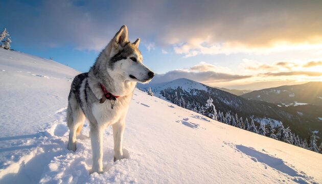 Majestic Husky Dog Stands Proudly on Snowy Mountain Peak.