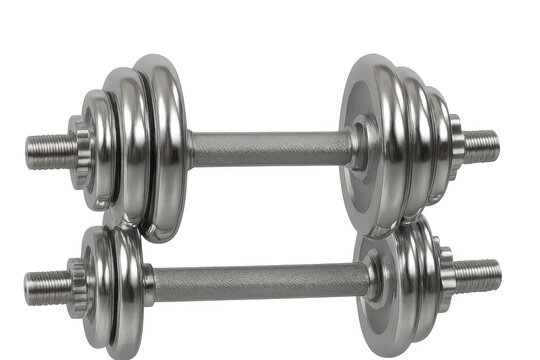 Pair of chrome adjustable dumbbells for weight training isolated on transparent background, reflecting fitness and gym workout
