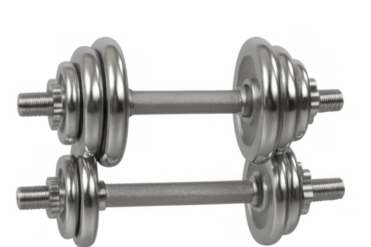 Pair of chrome adjustable dumbbells for weight training isolated on transparent background, reflecting fitness and gym workout