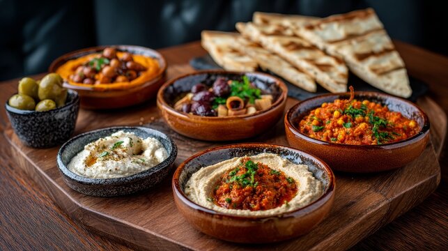 Assorted mezze platters featuring hummus, harissa, olives, and flatbread arranged beautifully on a wooden board, showcasing vibrant colors and textures for a delightful dining experience