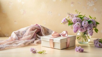A delicately wrapped present with a pale pink ribbon sits beside a vase of lilac blossoms and a sheer pastel floral scarf on a light wooden surface.