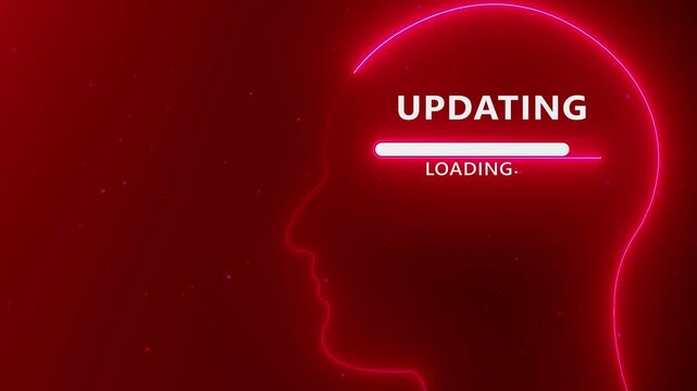 Neon outline of a human head profile with the word UPDATING and a loading bar on a dark red background with small particles