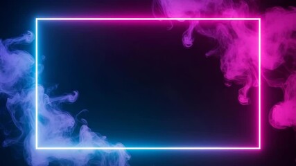 A glowing neon rectangle frame vibrant pink blue smoke swirling around it on a dark background, perfect for modern design abstract concepts - Powered by Adobe