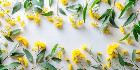 Floral Arrangement with Yellow Blossoms and Green Eucalyptus Leaves on a Light Background