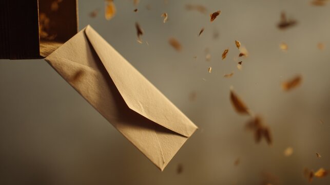 Arrival of Message: An elegant kraft paper envelope emerges from a mailbox, delicately floating in the air. This picture captures the anticipation and promise a letter carries. 
