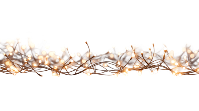 Fairy light chains glowing with soft warm illumination isolated on white background