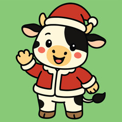 Cute cartoon cow character wearing santa hat and red costume waving hand, isolated for festive holiday designs