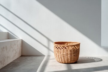 Fototapeta premium Empty woven basket with geometric pattern placed on a light surface, casting shadows on the floor, creating a serene and minimalist atmosphere in a bright interior space