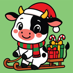 Cute cartoon calf in santa hat and festive scarf on a sleigh with christmas gifts and candy canes, holiday cheer.