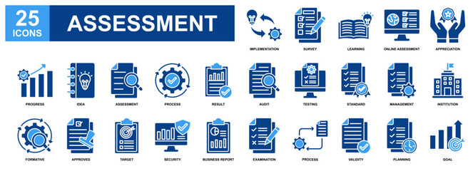 Assessment icon set collection. Containing design Implementation, Online Assessment, Approved, Learning, Examination