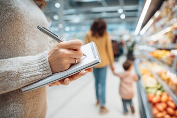 Close up of a mother's hand writing a shopping list in a notebook in a supermarket while a child is visible walking away in the blurred background embodying mindful consumption