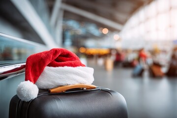 Suitcase adorned with a festive Santa hat resting on luggage handle in a bustling airport terminal, capturing the holiday travel spirit and excitement of the Christmas season