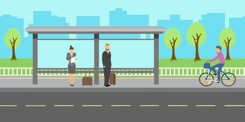 Business people waiting at a bus stop with a cyclist passing by in a city park setting