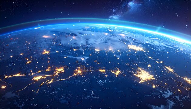 Earth view from space shows a dark blue globe dotted with bright city lights and a starry, colorful atmosphere