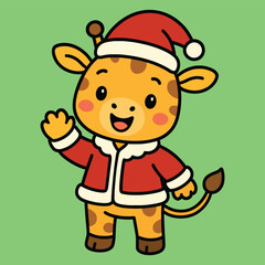 Cute cartoon baby giraffe character wearing santa hat and coat, cheerfully waving hand, holiday season illustration