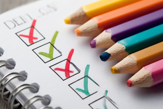 Close up of a colorful to-do list with check marks and colored pencils, illustrating the concept of obsessive-compulsive disorder and the need for organization and control