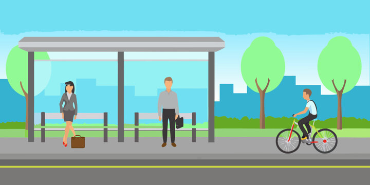 People waiting at a bus stop and a person riding a bicycle on a city street with trees and buildings