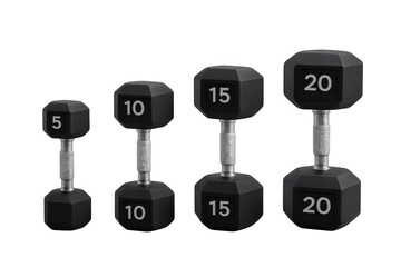Black hexagonal dumbbells in varying weights showing fitness progress, strength training, and gym workout equipment